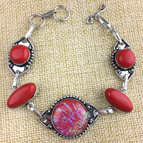 New Pink Dichroic Iridescent Triplet Opal & Coral Silver Overlay Bracelet - Picture 8 of 8